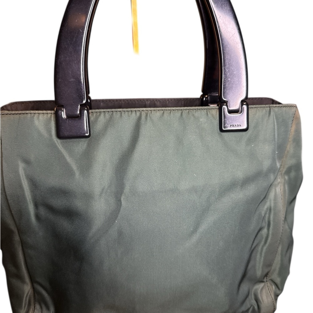 Prada EUC Green Metallic Nylon Tote with Authenticity Certificate Card in Cream